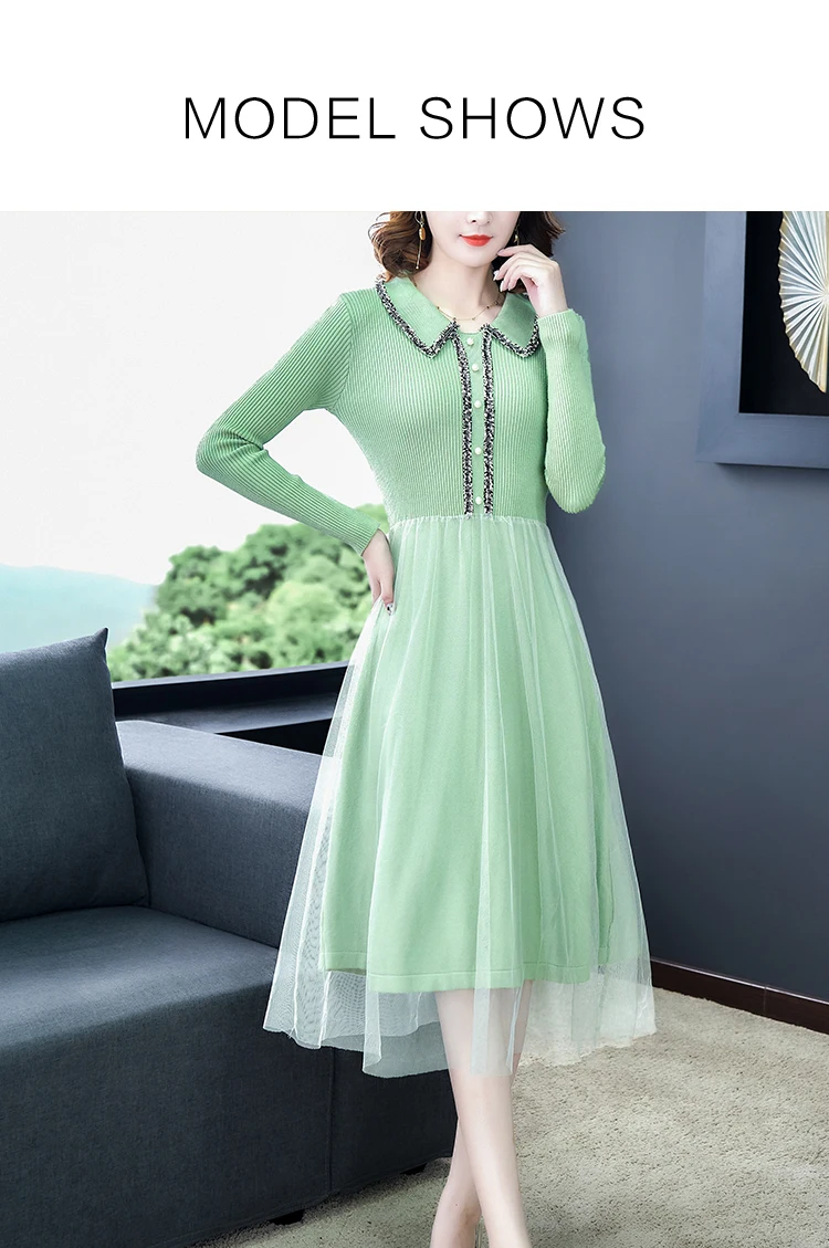Размера плюс для женщин Сетчатое платье средней длины супер фея платье из джинсовой ткани женские на осень жира мм была тонкая французская футболка с длинными рукавами джемпер-17