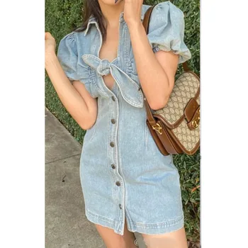

WOMENGAGA 2020 NEW Lapel Puff Sleeve Denim Single-breasted Shorts Solid Casual Streetwear Vintage Dress Women's Slim A073