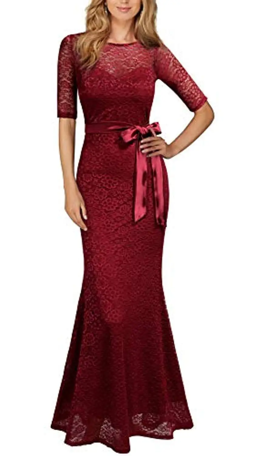 wine red BacklakeGirls, кружевное вечернее платье русалки с круглым вырезом, с короткими рукавами и вырезами, Lange Abendkleider Mit Rmel, с поясом - Цвет: wine red