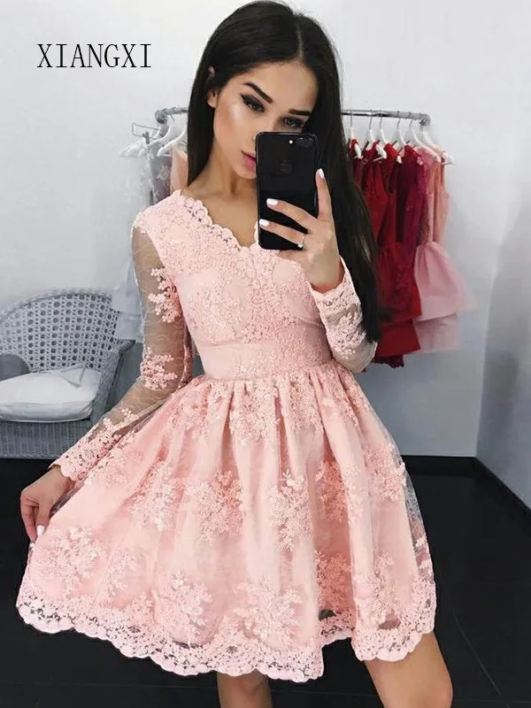 Curto Vestidos, розовое платье для выпускного вечера, кружевное платье с v-образным вырезом и длинными рукавами выше колена, платья для выпускного вечера, Короткие вечерние платья