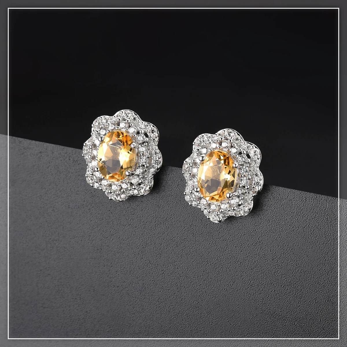 Hutang 2.2ct цитрин цветок серьги гвоздики натуральный драгоценный камень Твердые стерлингового серебра 925 тонкий элегантный кубический цирконий ювелирные изделия для нового