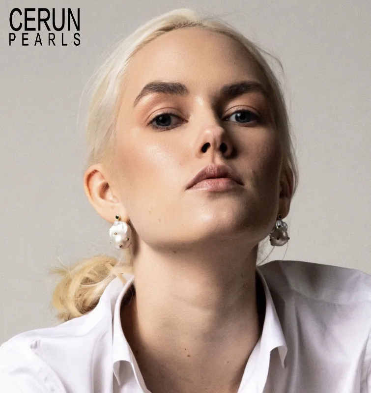 

CERUN BAROQUE PEARLS eardrop earbob white Color 15-18mm 925 Silver stud 3A grade Nature Freshwater Pearl Earrings For Women