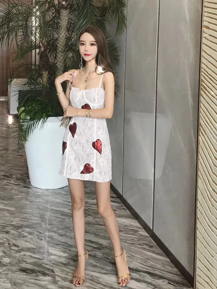 Fashion Women Sexy Backless Lace Dress Straight Elegant Heart Sequins Mini Dresses Fashion Strapless Spaghetti Strap Dresses