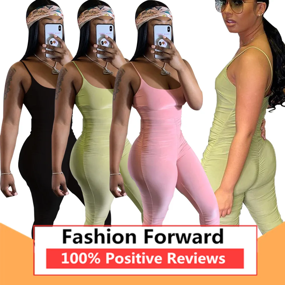

Womens Solid Color Straps Pleated Jumpsuit