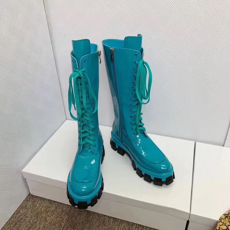 Botas Mujer; сапоги из лакированной кожи; женская обувь для подиума; Bota Feminina; обувь на платформе; женские сапоги до середины икры; Botines Mujer; коллекция года; Zapatos De Mujer