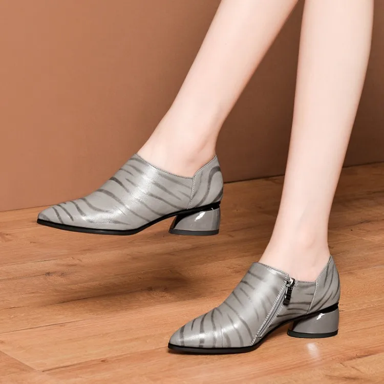 

-Style Western Style Trend New Style Spring And Autumn Pointed-Toe Women's Printed Sheepskin Side Zipper Chunky Semi-high Heeled