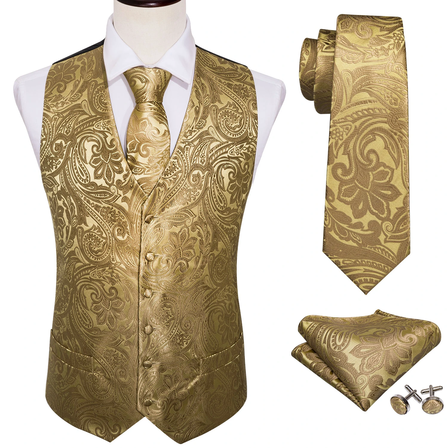 Colete masculino terno magro colete de seda amarelo colete de ouro paisley  gravata conjunto lenço abotoaduras gravata colete para o negócio barry.  wang|Coletes| - AliExpress