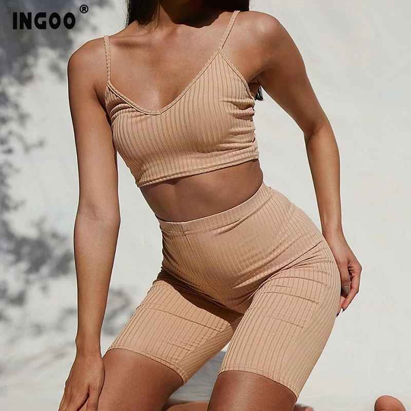 Летний спортивный костюм INGOO с открытой спиной женский укороченный топ на