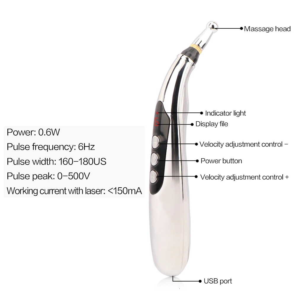 5 головок электронная Акупунктура Массажная ручка USB перезаряжаемая Меридиан энергетическая ручка Лазерная импульсная терапия облегчение боли подтяжка лица