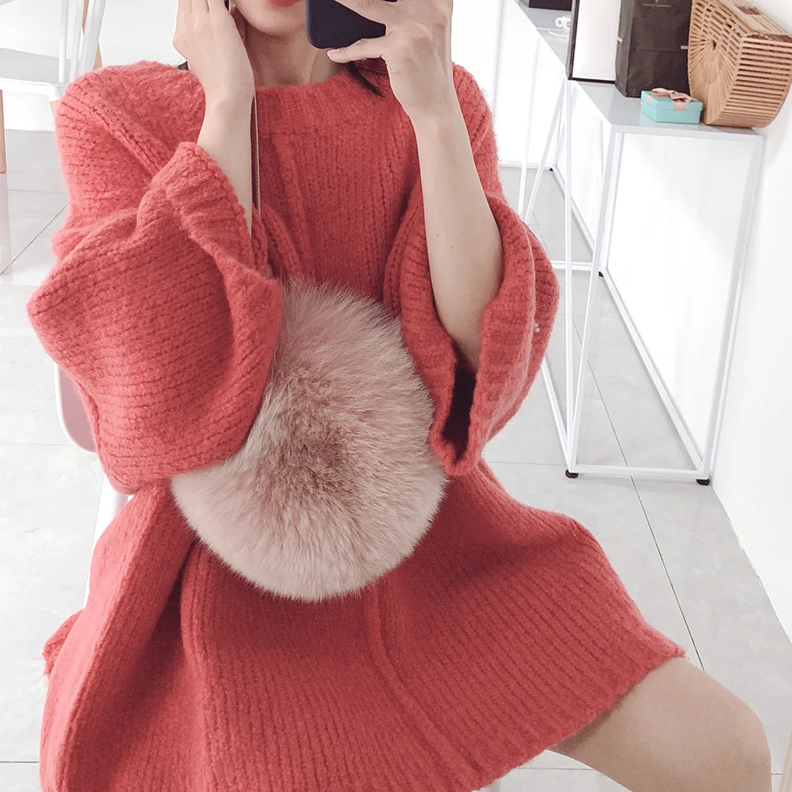 2019 Winter New Women's Wear Korean Rabbit Hair Blended Mohair Christmas Preheat Medium Long A Sweater Womens Sweaters | Женская