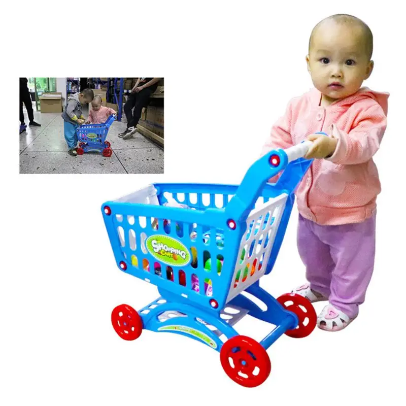 Childrens Shopping Trolley Cart Play Food Set Kids Pretend Shop Push Along Toy