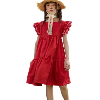 

2020 Cotton Summer Dress Teen Girls Red Petal Sleeve Cute Dresses Teenager Girl School Sundress 6 8 10 12 14 Yrs Kids Clothes