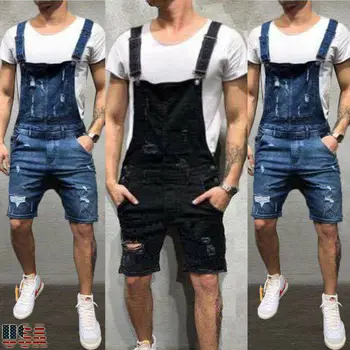

Men's Denim Bib Overalls Fashion Ripped Jeans Slim Jumpsuit with Pockets Men's Slim Washed Denim Bib Overalls Ripped Jumpsuits