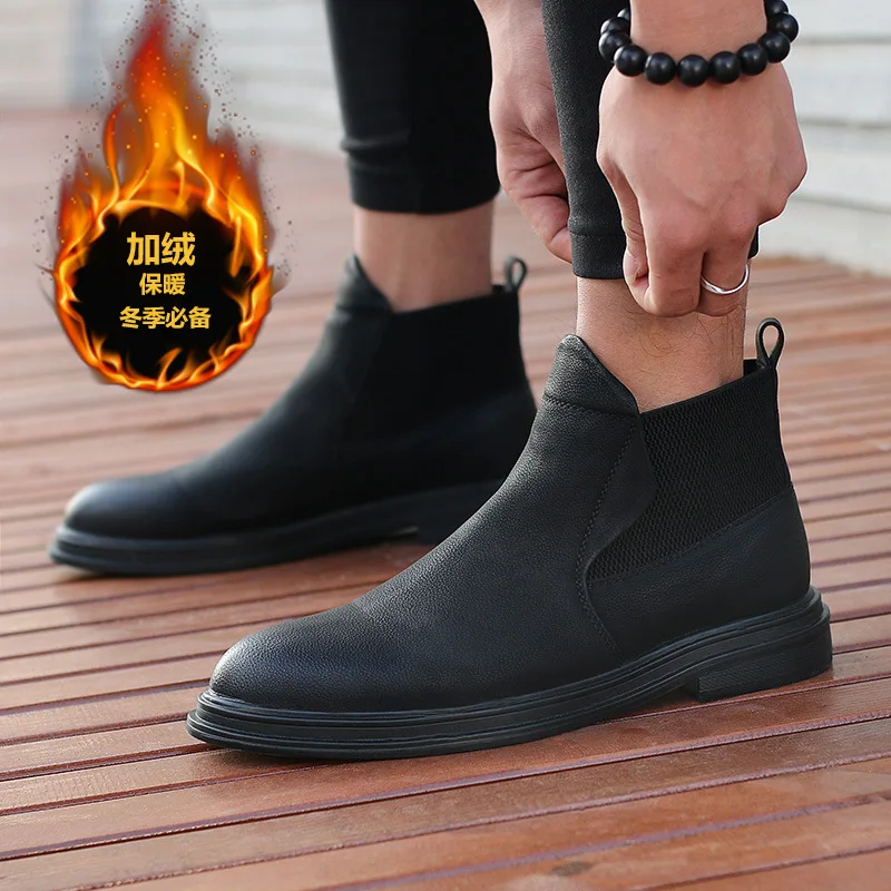 

2019 England Pointed-Toe Winter Men New Style Warm PU Leather Help Korean-style Ankle Boots Fashion Nightclub Hair Stylist Prese
