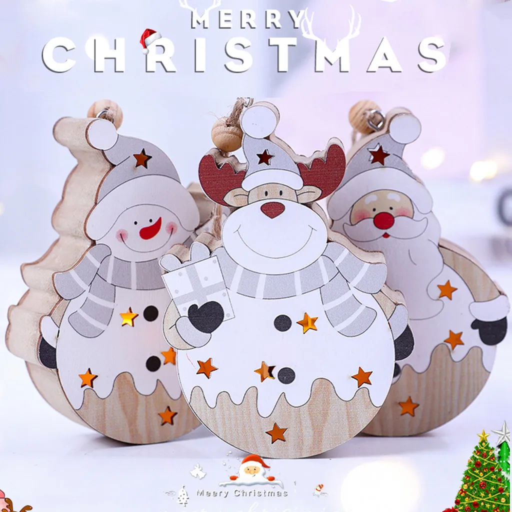 

Christmas Tree LED light snowman Wooden Pendants Ornaments Xmas DIY Wood Crafts wooden toys For Christmas Festival Gift