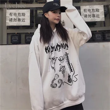 

Lychee Harajuku Loose Female Fleece Hoodies Pullover Graffiti Letter Women Hooded Fleece Sweatshirt Autumn Lady Sweatshirts Tops