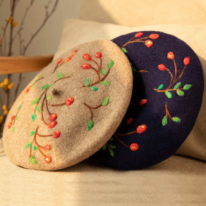 

Beret Handmade Branches Pattern Soft Wool Felt Hat Creative Gift Warm Autumn Winter Khaki Painter Hats Street Popular