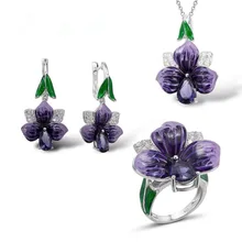 Модный Ювелирный Набор фиолетовые цветы листья кристалл кольца серьги ожерелье подвесные женские украшения орнамент из циркония Z5T231
