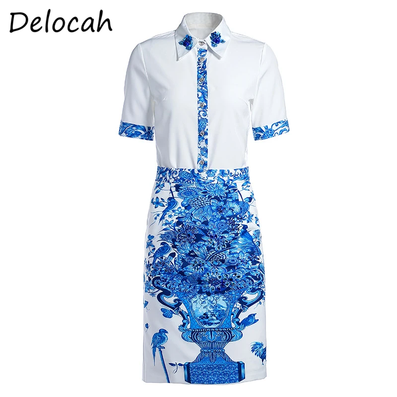 

Delocah Summer Women Fashion Runway 2 Pieces Set Short Sleeve Loose Blouses + High Waist Slim Midi Skirts Two Pieces Suits 2020