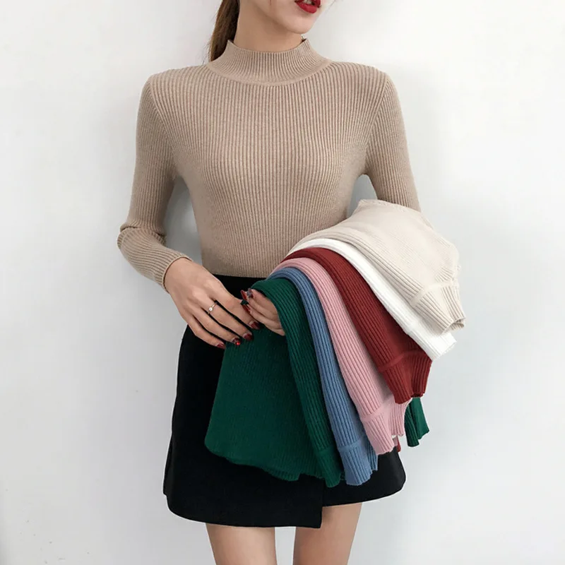 Hot Selling Sweater Women's 2019 New Style Korean-style Core-Spun Yarn Half-Turtle-Neck Solid Color Base Shirt | Женская одежда