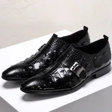 Mens Dress Shoes Genuine Leather Shoes Buckle Party Wedding Mens Oxfords Luxury Brand Crocodile Pattern Shoes US 11.5