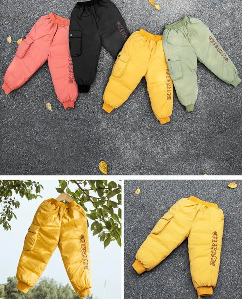 COOTELILI Girl Boy Winter Pants Cotton Padded Thick Warm Trousers Fashion Letter Ski Pants Pocket Children Pants Baby Kid Pants (5)