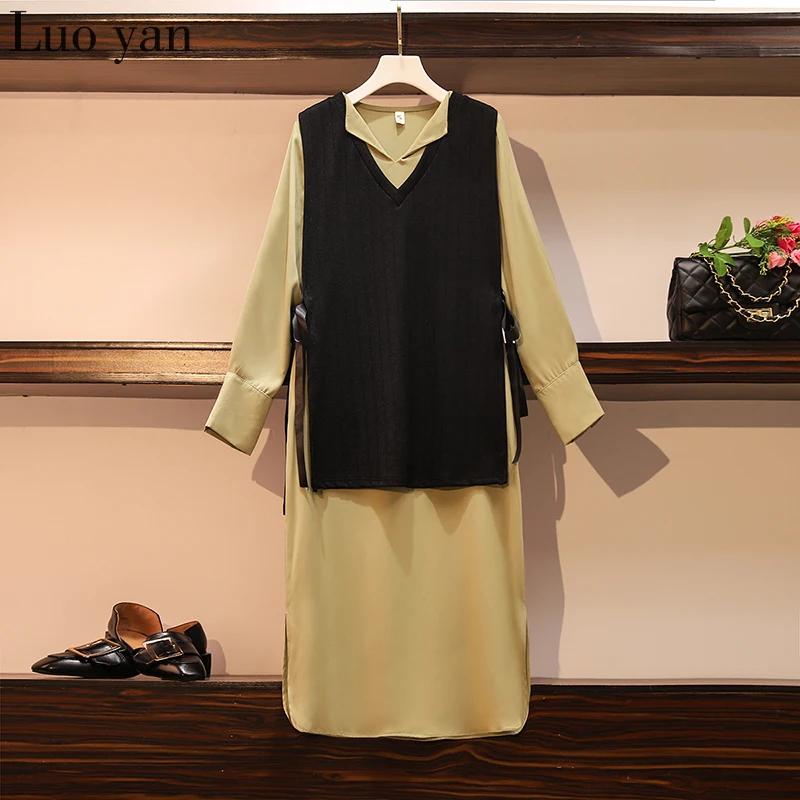 XL-4XL Plus Size Women Korean Bow V-Neck Loose Two-piece Knee Length Dress 2020 Spring Natural Elegant Long Sleeve Dresses | Женская