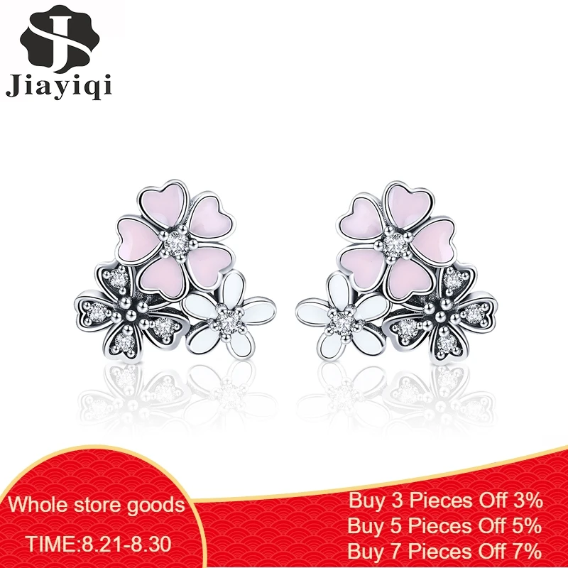 

Jiayiqi Pink Three Flowers 925 Sterling Silver Stud Earring Women Fine Jewelry Prevent Allergies Engagement Wedding Stud Earring