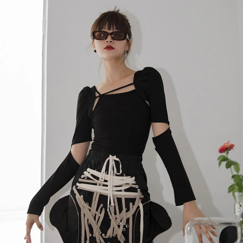 ladies loungewear VGH Two Piece Set For Women Square Collar Sleeveless Sling Backless Hollow Out Long Sleeve Lace Up Sets Female 2020 Summer New white co ord set