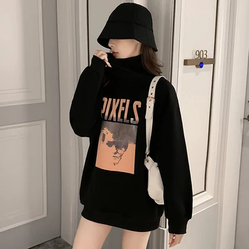 

High Collar Hoodie Women's 2020 New Style Loose-Fit BF plus Velvet Middle Long Coat 7840