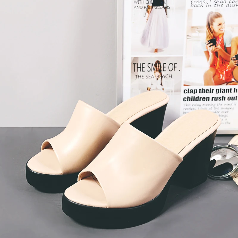 European spring summer leather women's slippers 9cm heel fish-toe sandals sexy cowhide women's shoes size 34-41