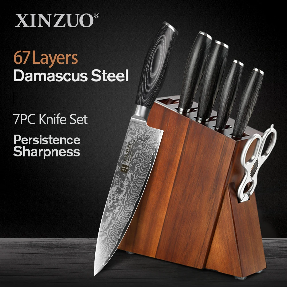 

XINZUO 7PCS Kitchen Knives Set Damascus Steel Pakkawood Handle Multi-function Scissors Knife Holder Household Kitchen Knife Rack