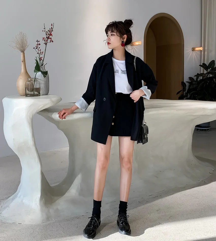 

Black And White with Pattern Small Suit Coat Women's 2019 Spring And Autumn Loose-Fit Mid-length Casual Thin Fashion Blazer