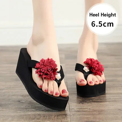 Летние шлепанцы для женщин; пляжная обувь на высоком каблуке для родителей и детей; женские летние шлепанцы в морском стиле; обувь принцессы с цветочным рисунком - Цвет: Black red flower 6cm