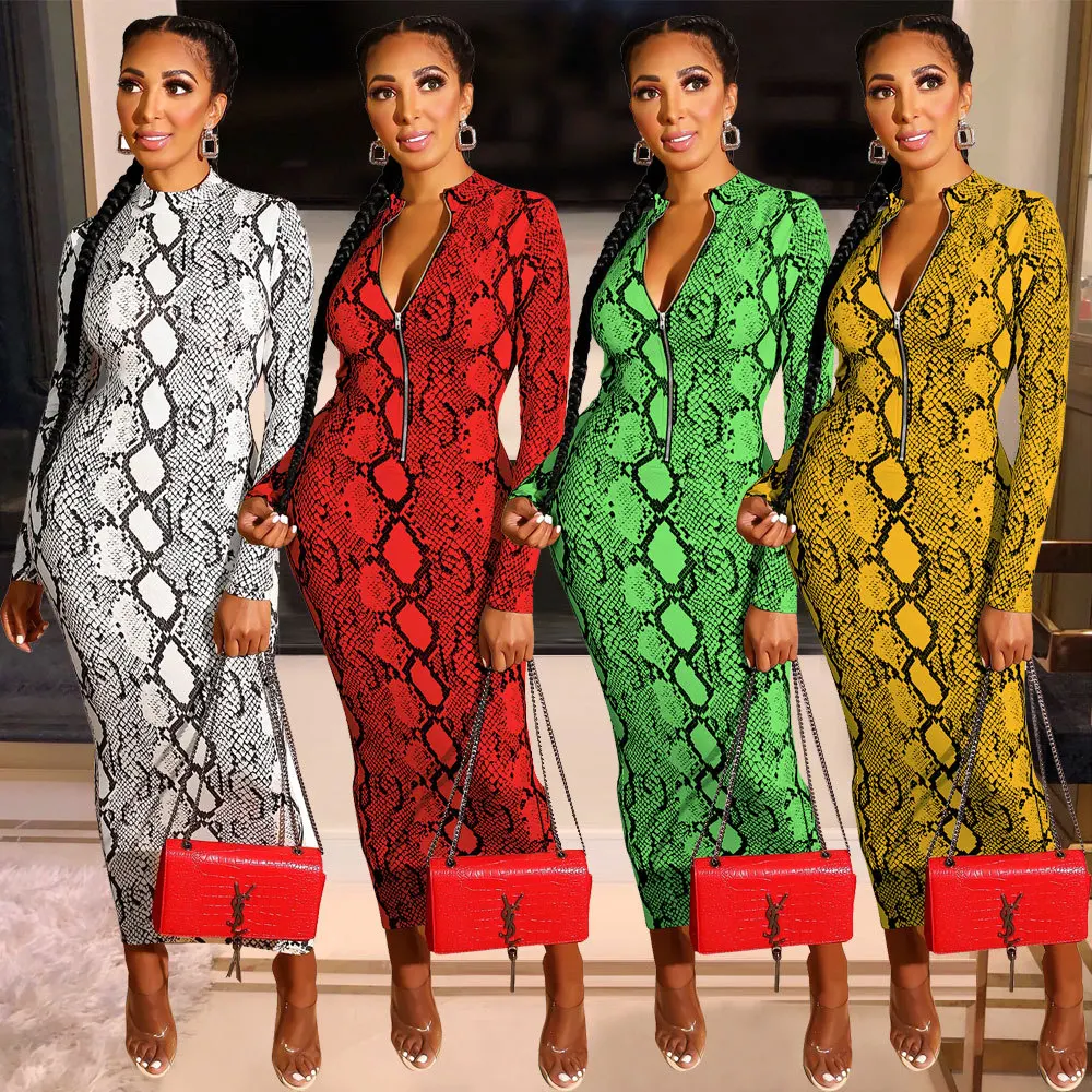

Sexy Snake Print Bodycon Long Dress Long Sleeve Zipper Women Winter Evening Party Night Dress Vintage Vestidos Outfits Plus Size