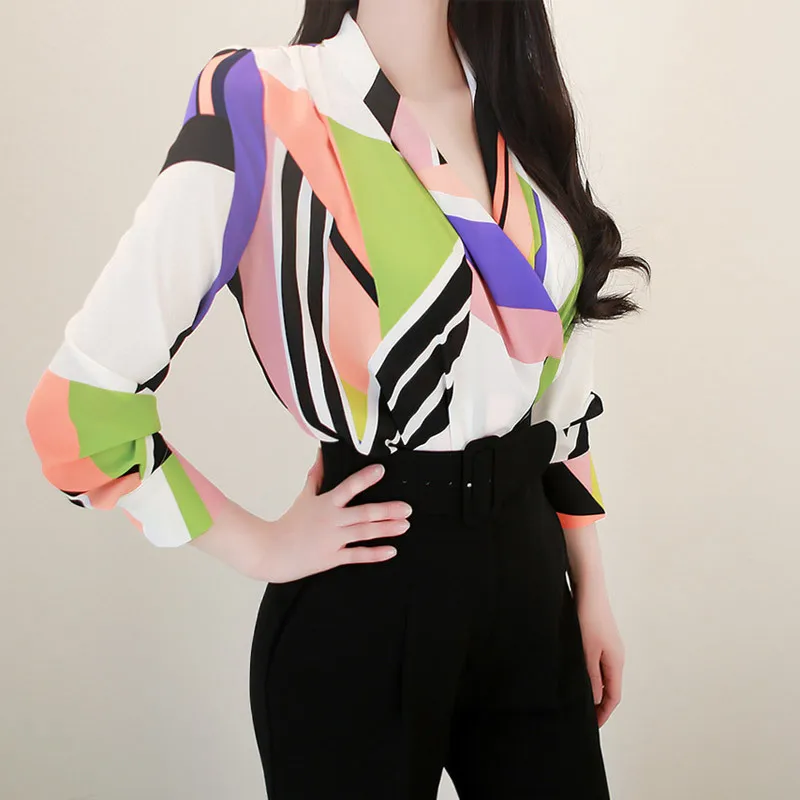 

2019 Summer New Style WOMEN'S Dress Long Sleeve Printed Shirt Trousers Elegant Fashion Queen Fan Professional White Collar Set