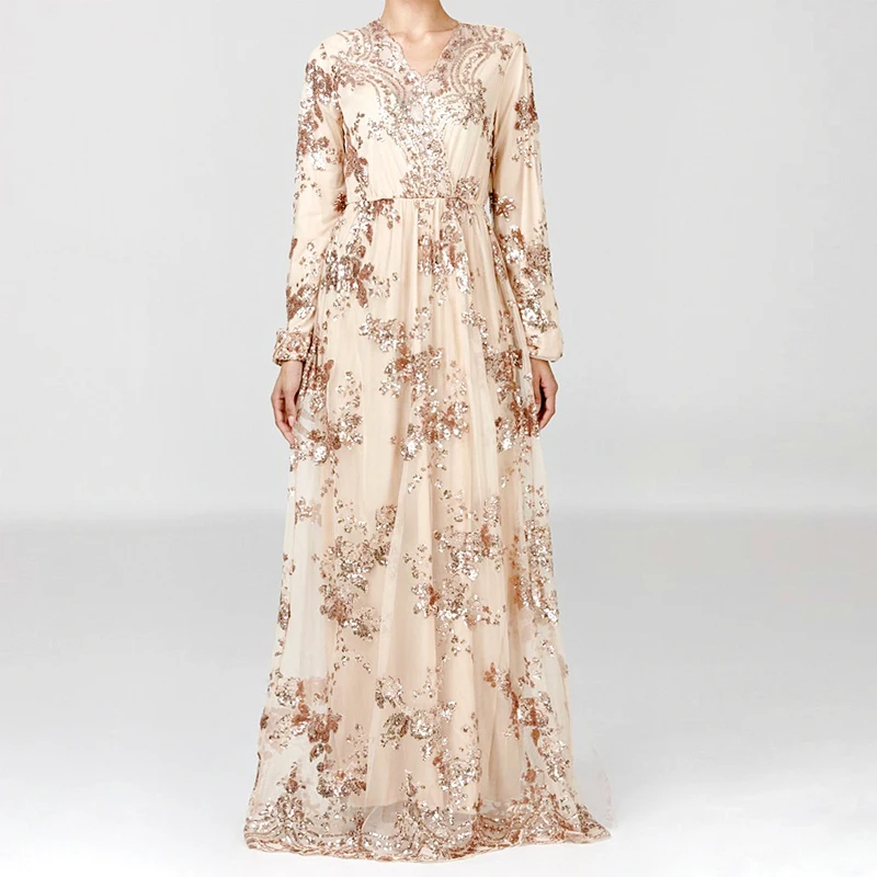 champagne dress Блесток абайя, арабское мусульманское платье Для женщин Vestidos хиджаб халат Дубай платье кафтан Турция Исламская Костюмы кафтан Marocain платья - Цвет: champagne dress