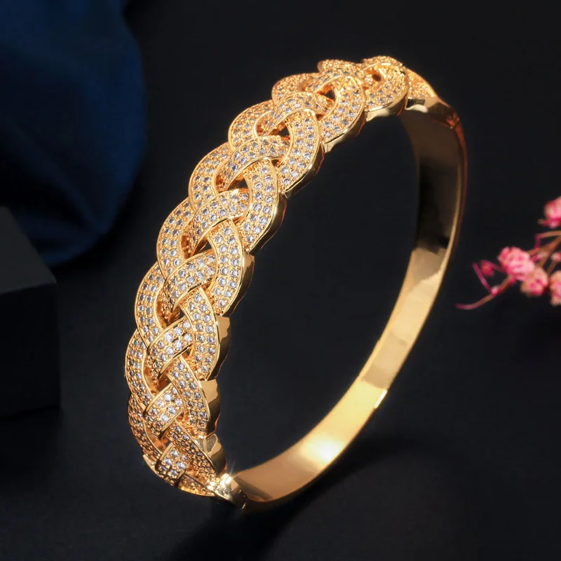Yellow Gold Color BeaQueen роскошный бренд Розовое золото Цвет кубический цирконий кристалл микро проложили крест открытые манжеты браслеты для женщин ювелирные изделия подарок B177 - Окраска металла: Yellow Gold Color
