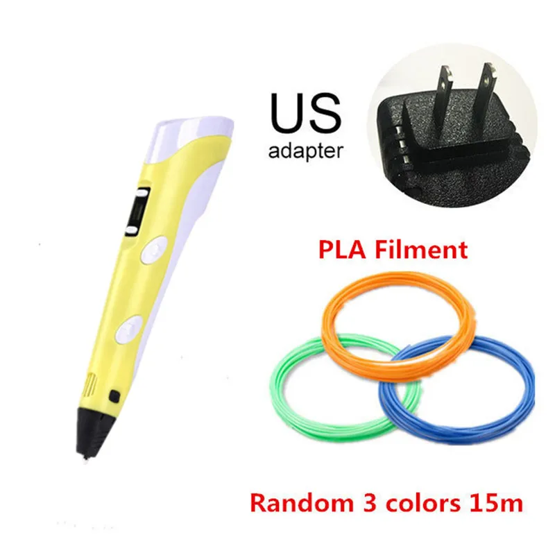 3D Ручка, 3D принтер для рисования, ручка для детей, USB зарядка, 1,75 мм, PLA нити для заправки, 20 цветов, ЖК-дисплей, 3D Ручка для рисования - Цвет: US YELLOW 15M