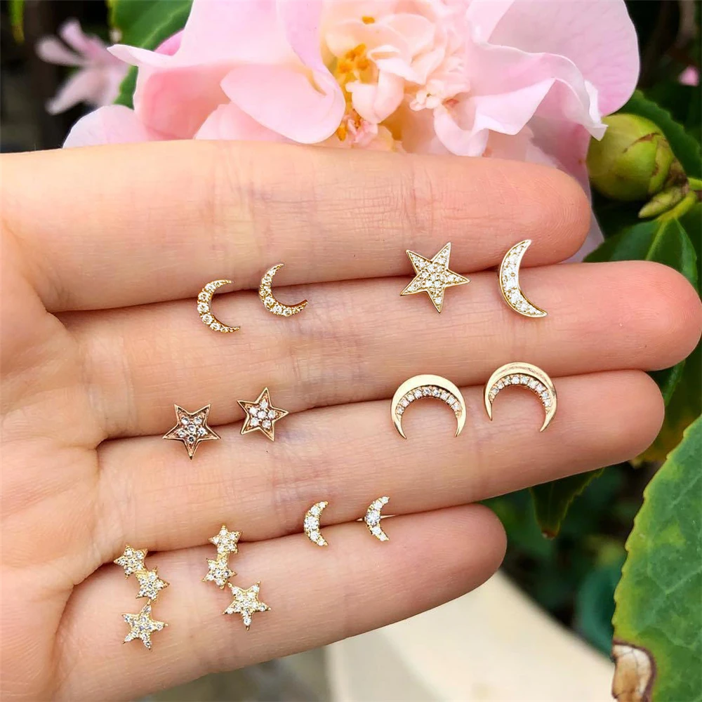 Vintage Flower Shell Moon Star Crystal Stud Earrings Set for Women Girls Fashion Small Earrings Boucle d'oreille Femme
