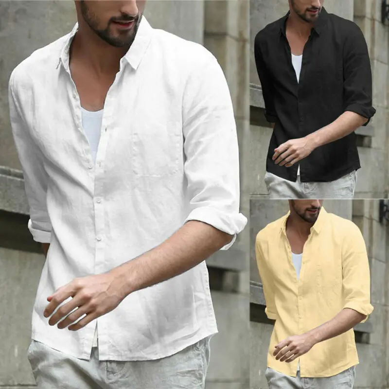 

Men Linen Short Sleeve Shirt 2019 Solid Summer Pocket Cool Loose Casual V-Neck 3/4 Sleeve Three Quarter Solid Shirts Tops M-3XL