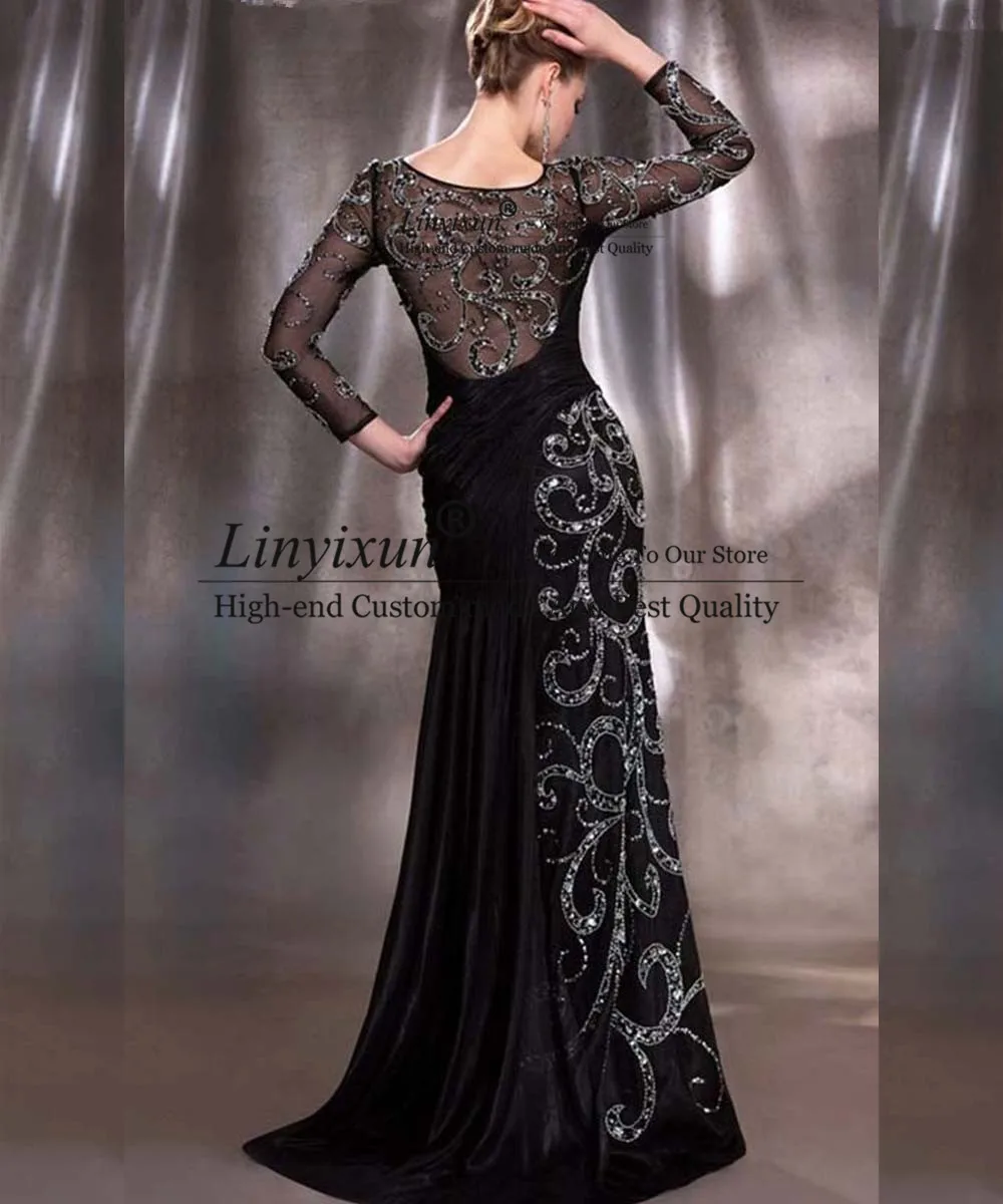 Sexy Long Sleeve Prom Dresses V Neck Beaded Chiffon Black Mermaid Evening Dress for Wedding Party Custom Made robes de soirée red prom dress