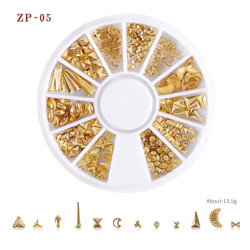 12 стилей ногтей колесо розовое золото/серебро/золото 3D гвоздь шпильки заклепки металлические звезды смешанные узоры плоская задняя сторона DIY металлическая отделка ногтей - Цвет: ZP-05