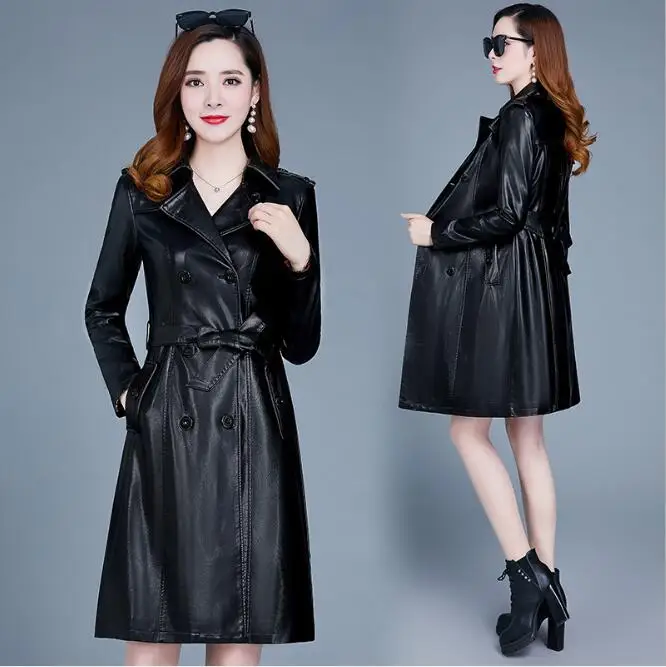 black 100 cm legnth Женская куртка из овчины, искусственная кожа, пояс, готический черный Тренч, быстрая стирка, Осень-зима, двубортное пальто размера плюс, хлопковое пальто - Цвет: black 100 cm legnth