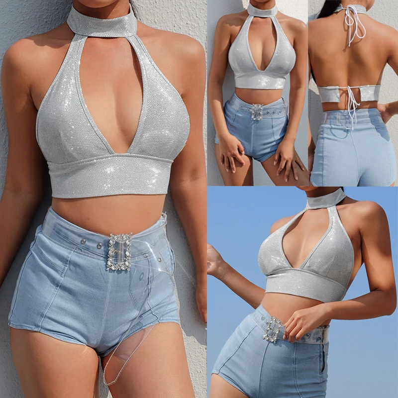 Sexy Women Ladies Sequin Vest Halter Backless Camisole Tank Top Club Party Vest Cropped Top Female Festival Apparel