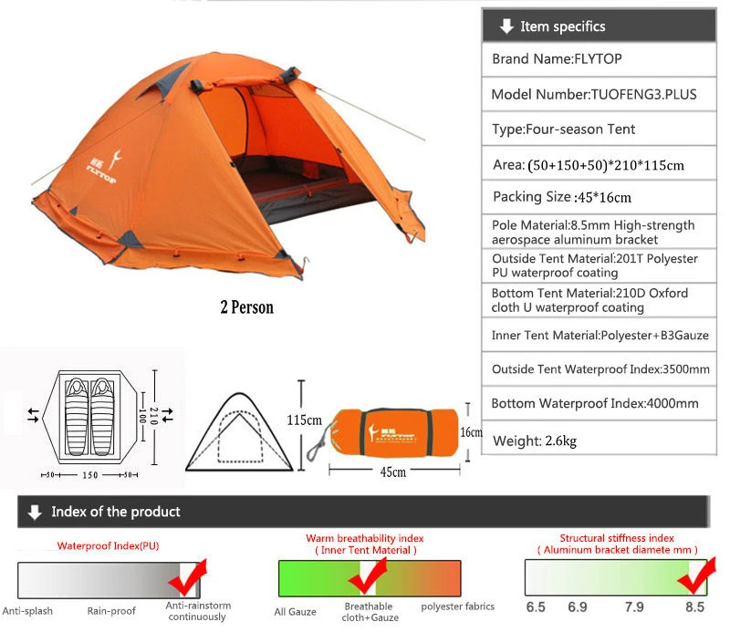 FLYTOP 2-4 человека на открытом воздухе кемпинговая палатка двухслойная алюминиевая полюсная палатка зимняя ветрозащитная непромокаемая