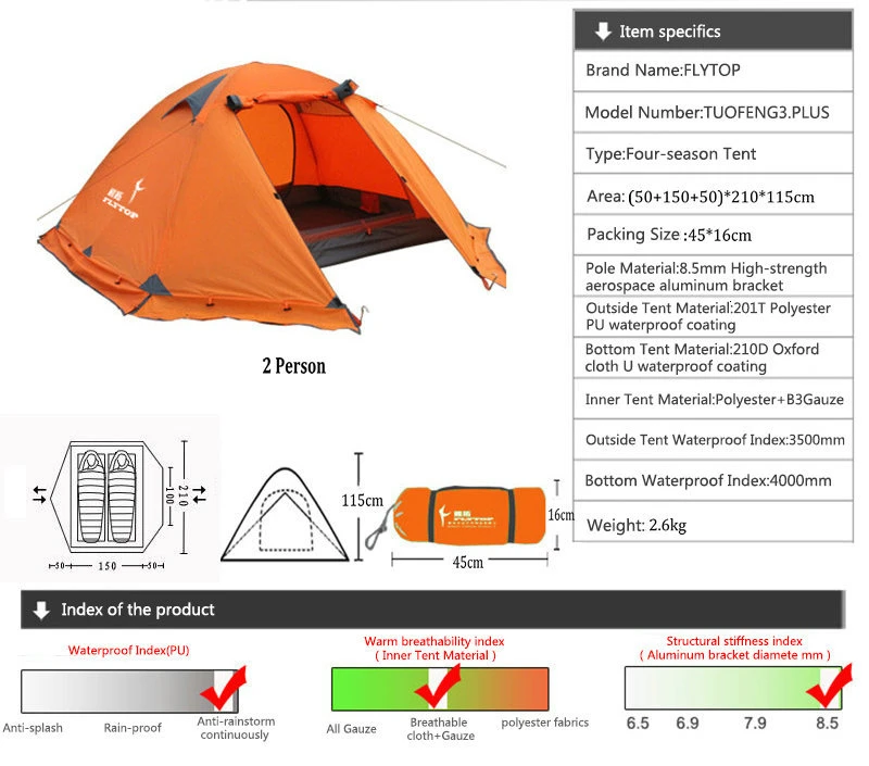 FLYTOP 4 Season Tourist Tents Outdoor Camping Double Layer Aluminum Pole Tent Winter Windproof Waterproof 3-4 Person Family Tent (1)_