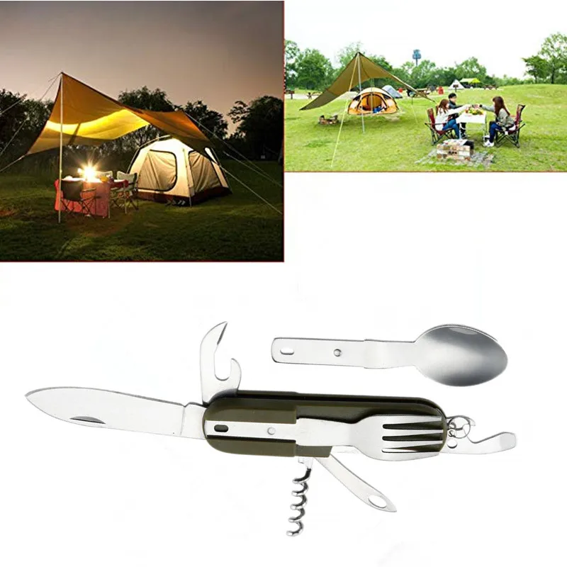 Outdoor Folding Tableware Spoon/Fork Multi Travel Hiking Steel Dinnerware Picnic Stainless Camping Kit Utensil Reusable Gear