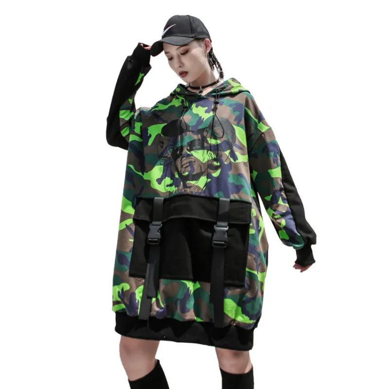 

Women Rock Hooded Sweatshirts Streetwear Camouflage Print Big Packet Pullovers 2019 Autumn Hip Hop Long Sleeve Sport Hoodie Coat