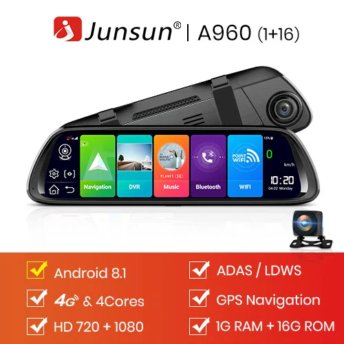 Junsun A960 Android 8,1 ADAS 2G+ 32G 1" СТРИМ медиа dash cam камера Автомобильная камера рекордер dvr dashcam gps навигация 1080P wifi - Название цвета: A960 1G-16G